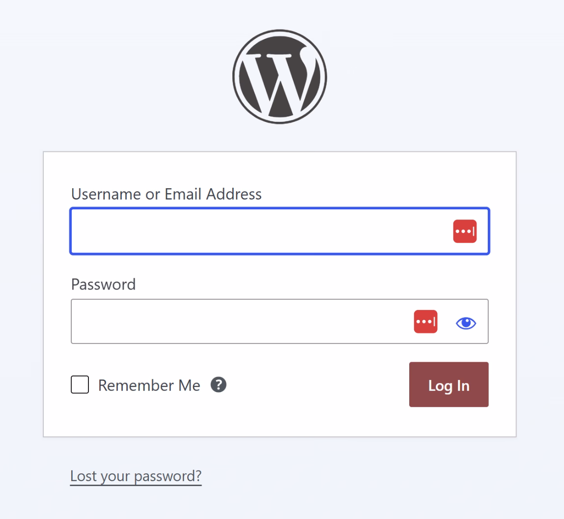 The WordPress login screen showing the Username or Email Address field, the Password field, and the Log In button